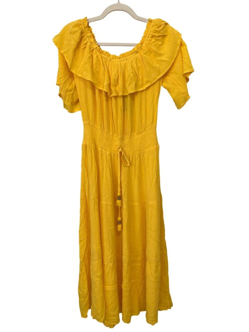 River Island Dress Size 10 Gauze Off The Shoulder Tiered Tassel Tie Yellow NEW